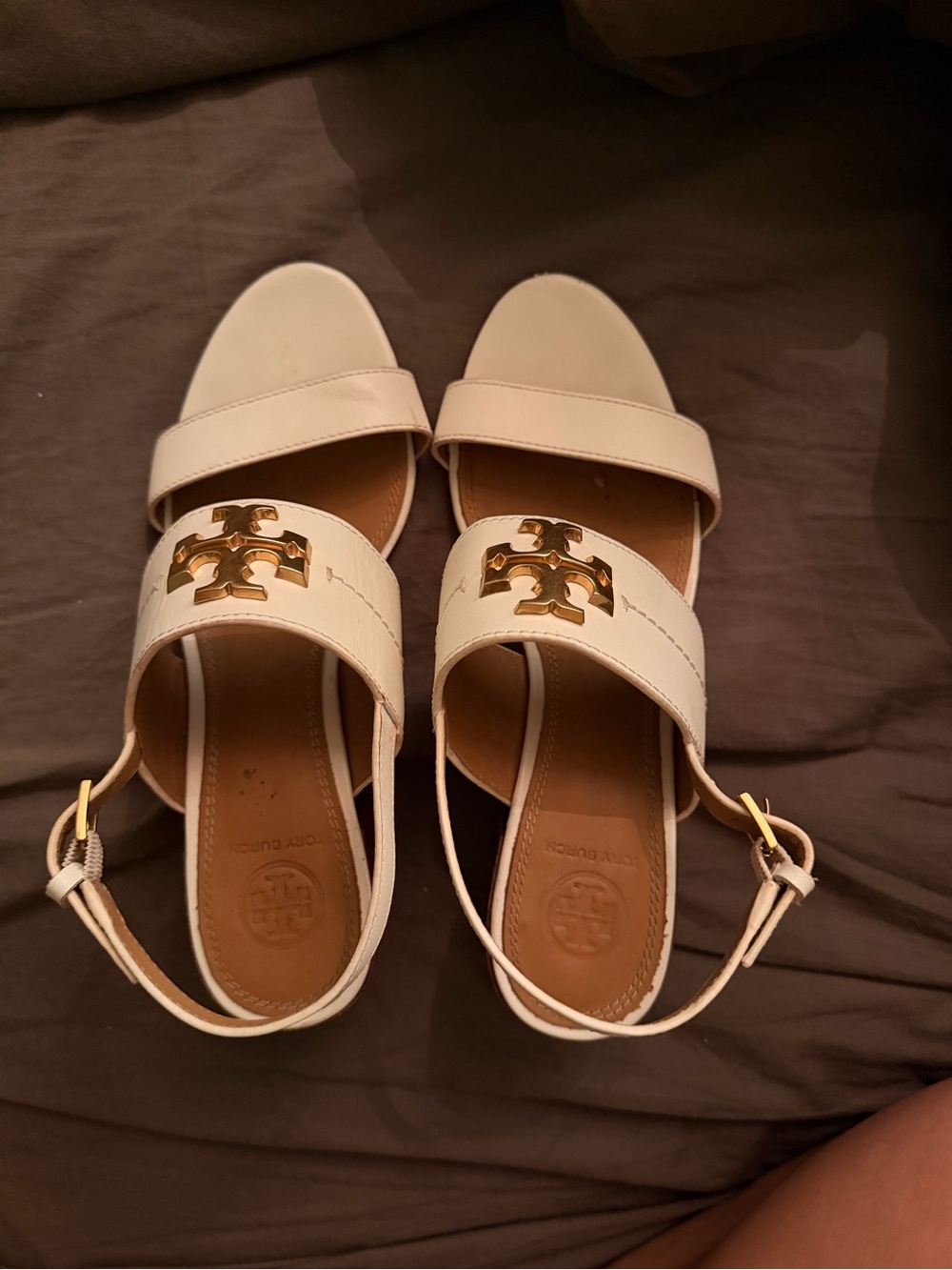 **SOLD** Tory Burch Cream Leather Logo Slingback Sandals